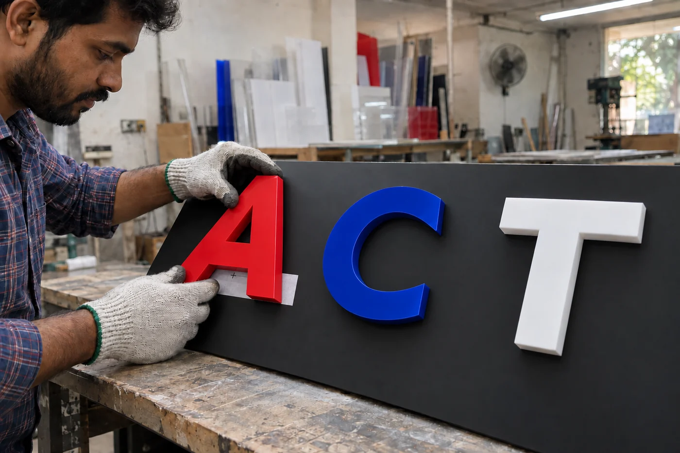 Fabricator installing red, blue and opal acrylic raised letters on a black sign panel