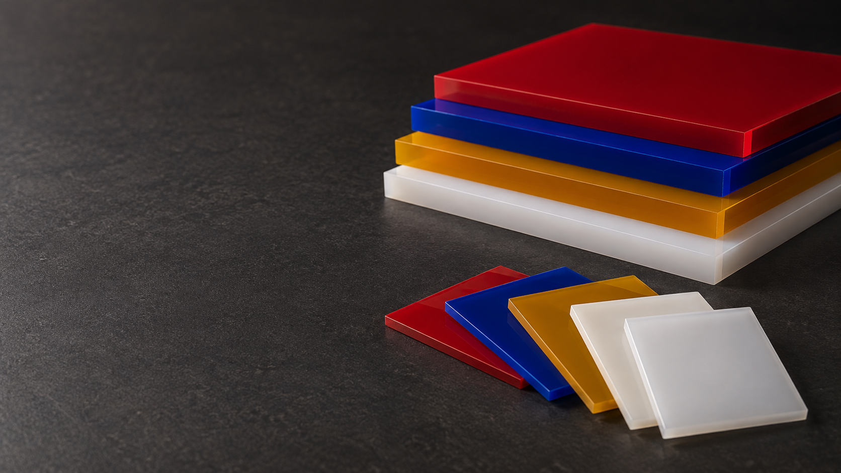 Solid-colour and opal cast acrylic sheet samples arranged on a dark fabrication worktable